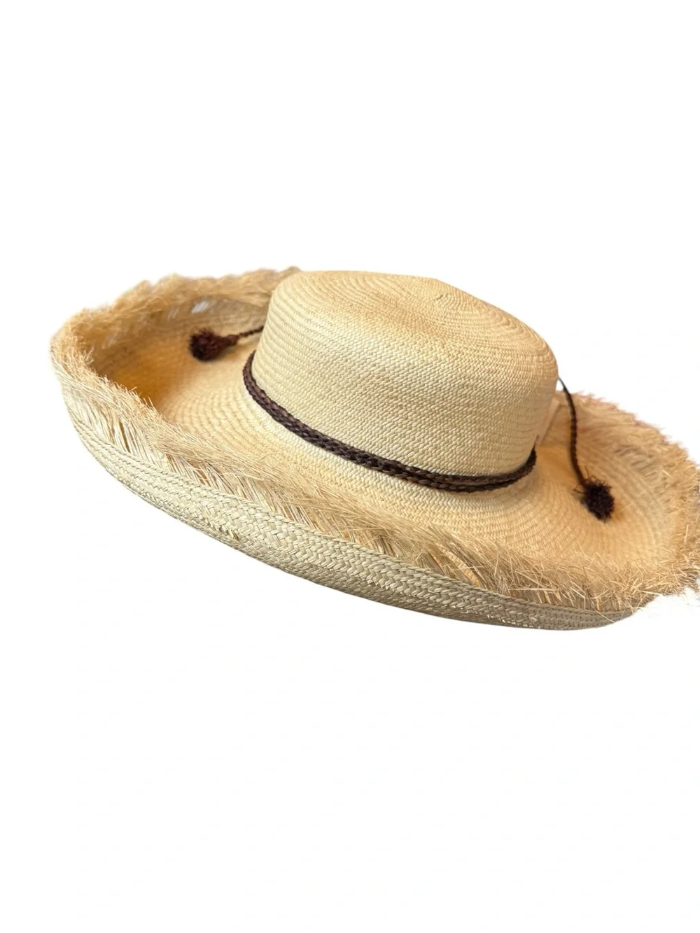 NIB Helen Kaminski Natural Straw Sun Hat Frayed Brim Braided Band 16”